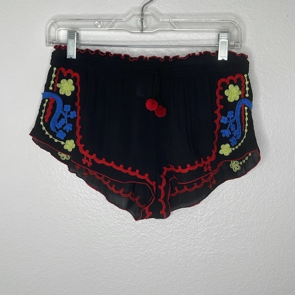 Poupette St. Barth Black Floral Embroidered Pompom Shorts One Size
